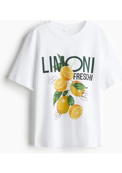 %100 Pamuk Limon Baskılı Beyaz Kadın Tshirt