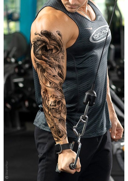 Göz ve Kuru Kafa Figürlü Kol Dövmesi Kol Kaplama Tattoo