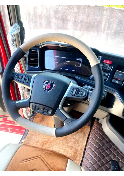 Dikişli Direksiyon Kılıfı Siyah Deri Krem Deri Scania Tır Kamyon Için (Fotodaki Direksiyona)