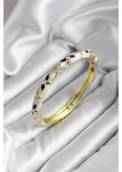 Mineli Pirinç Siyah Çiçek Desenli Zirkon Taşlı Gold Renk Kadın Kelepçe (Çap 60 Mm)