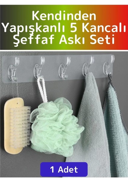 Kendinden Yapışkanlı 5 Kancalı Şeffaf Askılık Mutfak Banyo Kapı Arkası