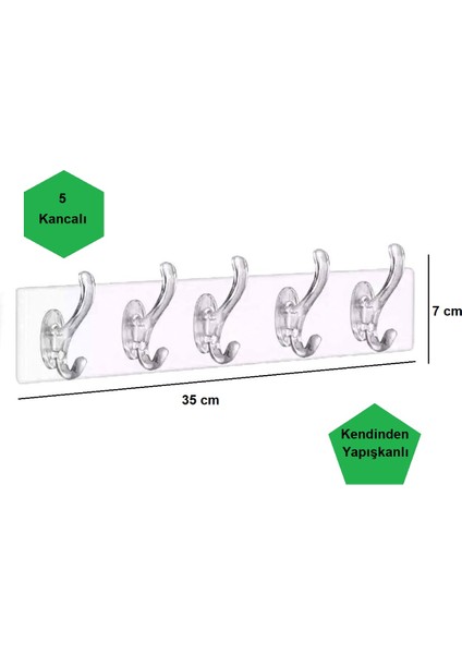 Kendinden Yapışkanlı 5 Kancalı Şeffaf Askılık Mutfak Banyo Kapı Arkası indirimleri