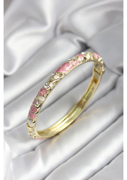 Mineli Pirinç Pembe Çiçek Desenli Zirkon Taşlı Gold Renk Kadın Kelepçe