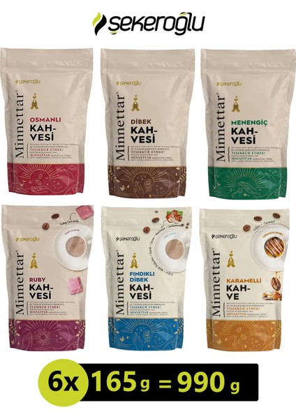 Minnettar Kahve Çeşitleri 165 gr x 6 Adet (Osmanlı, Karamel, Fındık, Dibek, Menengiç, Ruby Çikolata)
