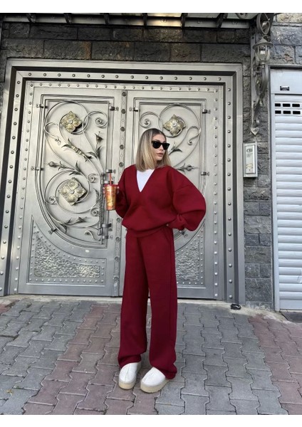 Geniş V Yaka Üç Iplik Sweat Takım - Bordo