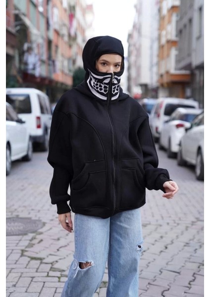 Samuray Kapşonlu Zıp Fermuarlı Çift Kapşonlu Nakışlı Sweatshirt- Siyah