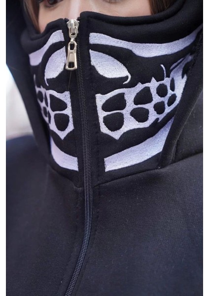 Samuray Kapşonlu Zıp Fermuarlı Çift Kapşonlu Nakışlı Sweatshirt- Siyah