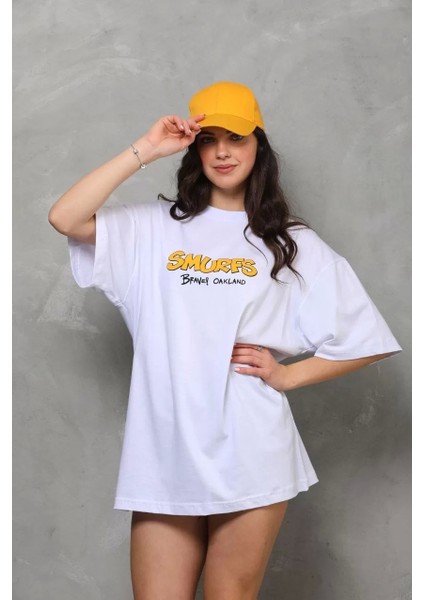 Unisex Bisiklet Yaka Baskılı Oversize T-Shirt - Beyaz