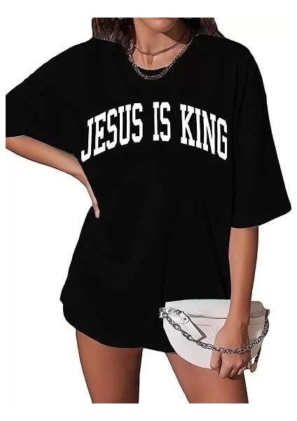 Kadın Bisiklet Yaka Kısa Kol Baskılı T-Shirt - Siyah