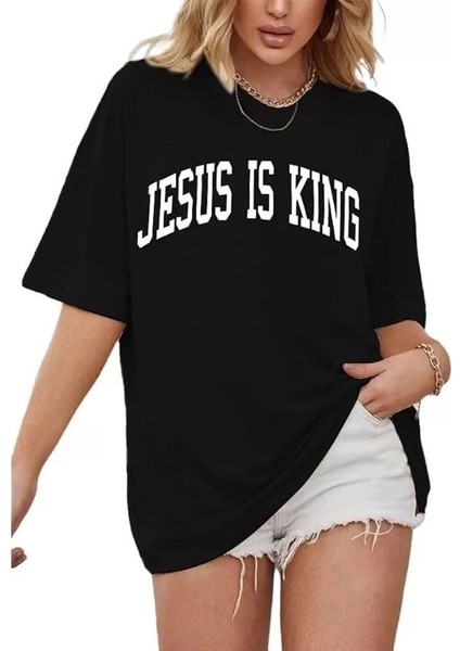 Kadın Bisiklet Yaka Kısa Kol Baskılı T-Shirt - Siyah