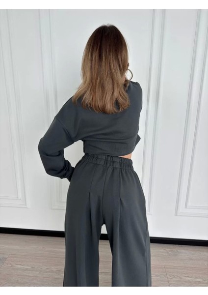 Uzun Kollu Önü Ip Büzgülü Crop ve Pantolon Ikili Takım - Antrasit