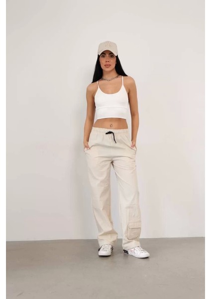 Paraşüt Kumaş Kargo Ceplı Baggy Eşofman- Bej