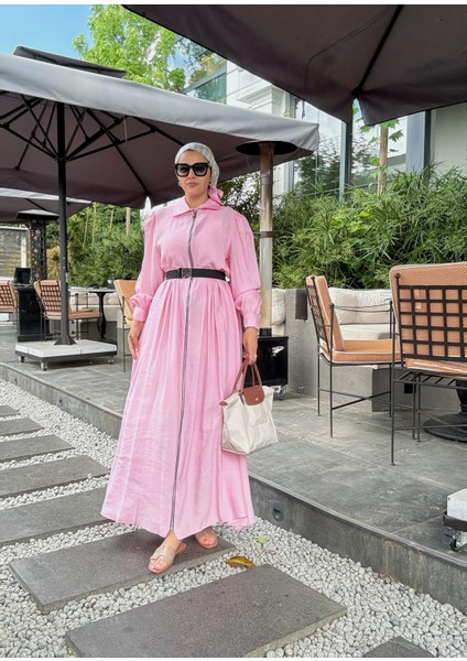 Fermuarlı Pamuklu Tesettür Elbise | Yazlık Günlük ve Özel Gün Elbisesi | Pembe