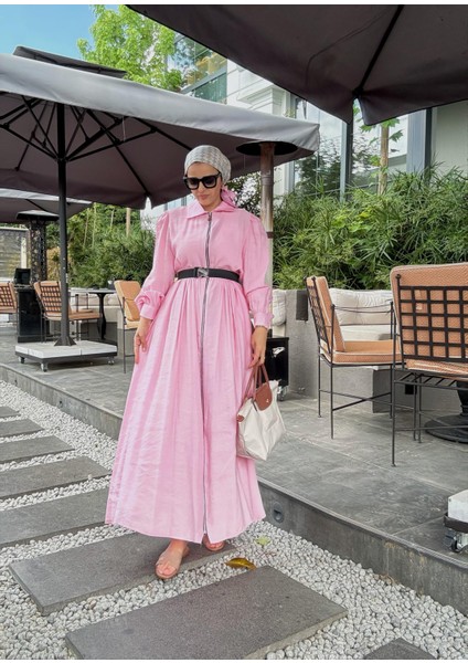 Fermuarlı Pamuklu Tesettür Elbise | Yazlık Günlük ve Özel Gün Elbisesi | Pembe modelleri