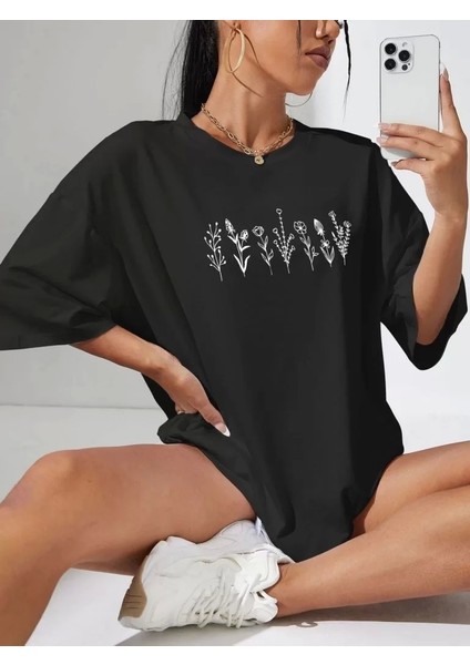 Kadın Baskılı Oversize T-Shirt - Siyah