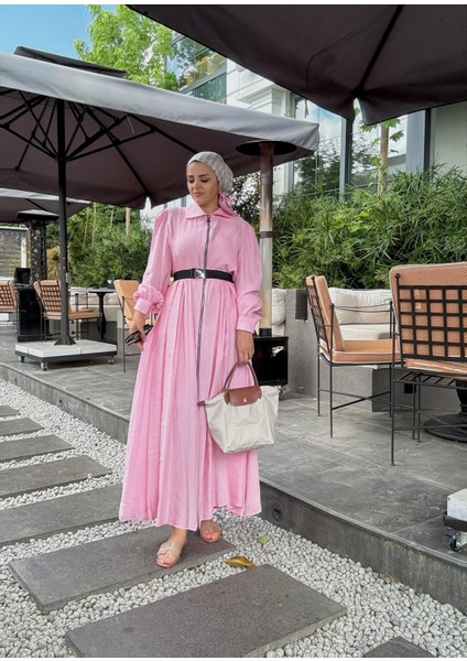 Fermuarlı Pamuklu Tesettür Elbise | Yazlık Günlük ve Özel Gün Elbisesi | Pembe