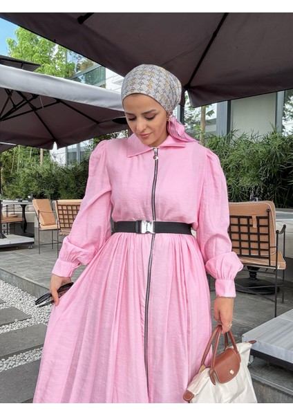 Fermuarlı Pamuklu Tesettür Elbise | Yazlık Günlük ve Özel Gün Elbisesi | Pembe
