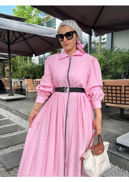 Fermuarlı Pamuklu Tesettür Elbise | Yazlık Günlük ve Özel Gün Elbisesi | Pembe