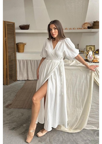 Ekru Müslin Uzun Elbise modelleri