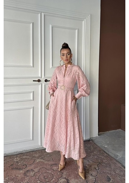 Pudra Kemer Detaylı Uzun Elbise