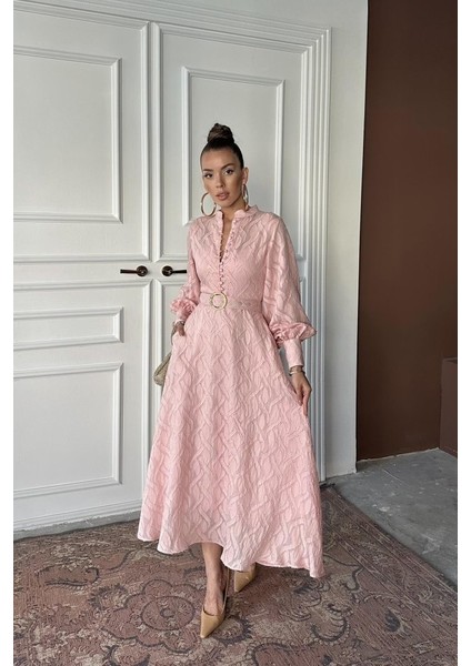 Pudra Kemer Detaylı Uzun Elbise fiyatları