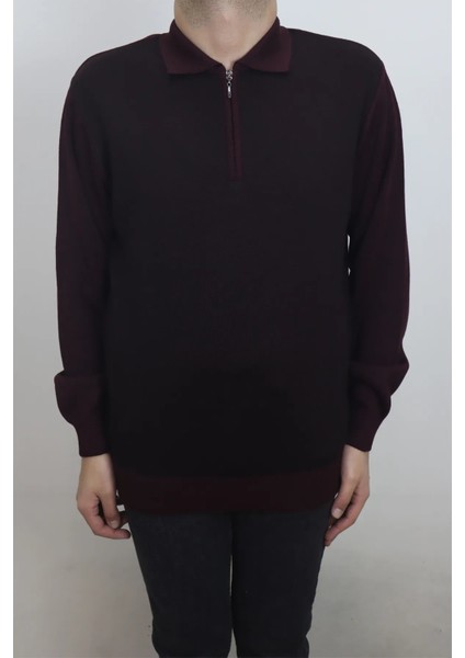 Fistan Store Erkek Bordo Düz Klasik Kesim Rahat Kalıp Polo Yaka Kışlık Yünlü Kazak