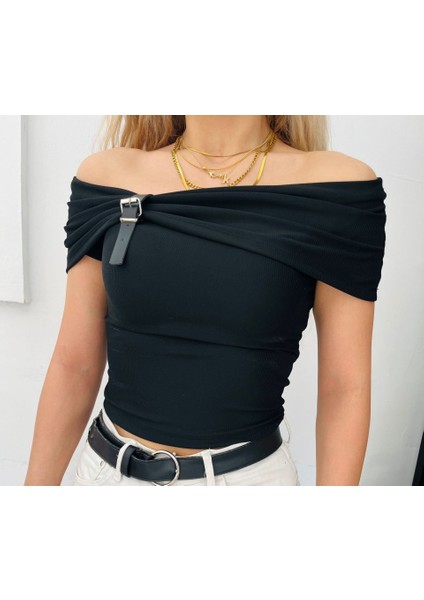 Kadın Madonna Yaka Deri Toka Detay Ottoman Kumaş Bluz