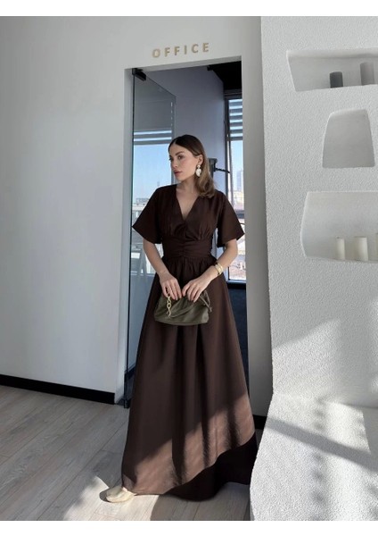 Kısa Kollu Uzun Elbise - Kahve