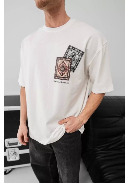 Erkek Baskılı Oversize T-Shirt - Beyaz
