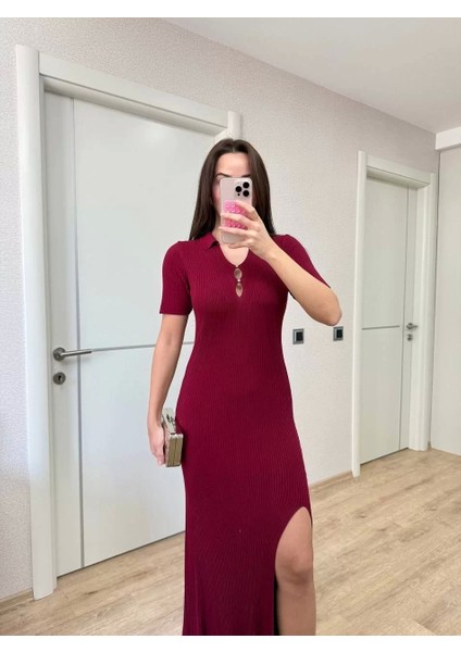 Yakalı Fitilli Kısa Kollu Uzun Triko Elbise - Bordo