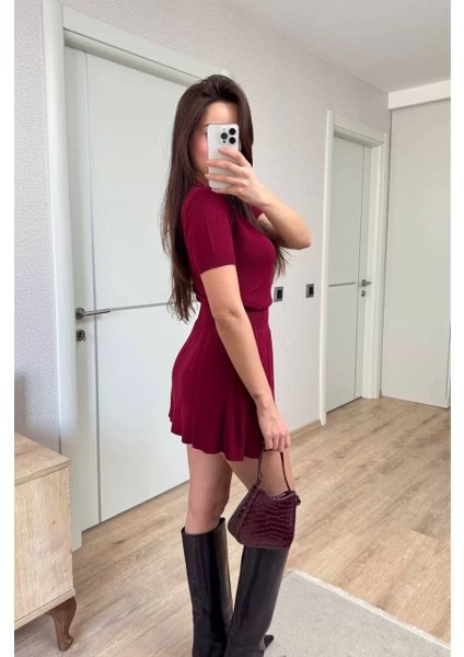 Kısa Kollu Bluz Mini Etekli Ikili Takım Triko - Bordo