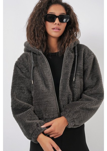 5193 Kapüşonlu Peluş Crop Ceket - Antrasit