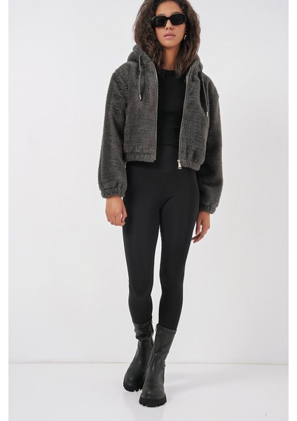 5193 Kapüşonlu Peluş Crop Ceket - Antrasit