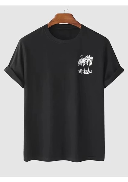 20/1 Penye Compack Palmiye Ön Baskılı Oversize Bisiklet Yaka Kısa Kol Yazlık T-Shirt - Siyah