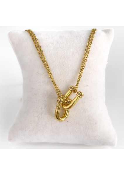 Duet Zirkon Taş Detaylı Gold Çelik Kolye modelleri