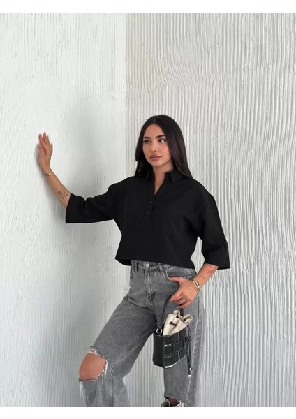 Z Krep Kadın Crop Yakalı Gömlek Ilik Düğmeli Üç Çeyrek Sleeve Kol - Siyah