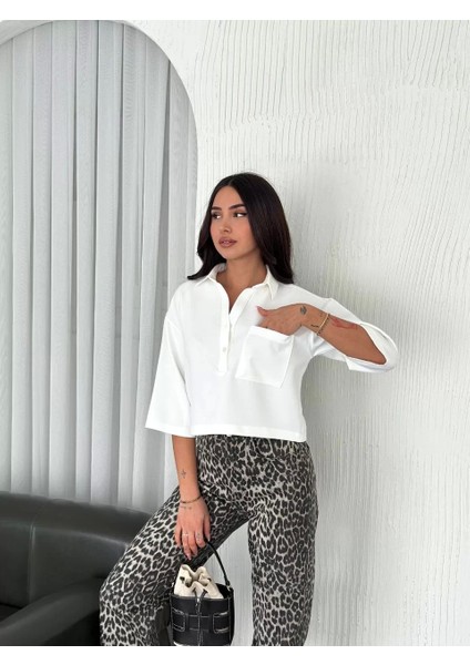 Z Krep Kadın Crop Yakalı Gömlek Ilik Düğmeli Üç Çeyrek Sleeve Kol - Beyaz