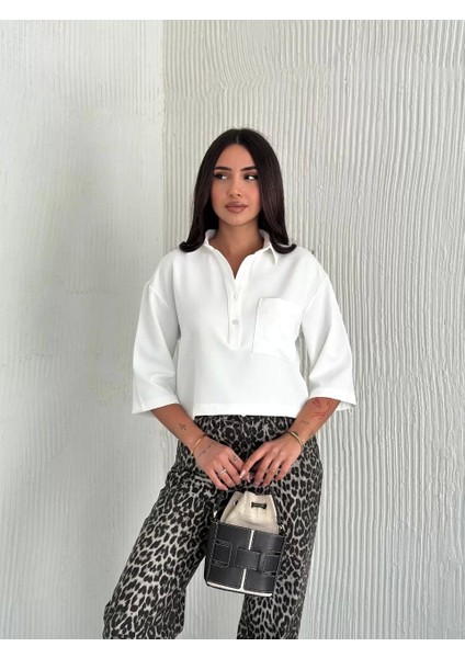 Z Krep Kadın Crop Yakalı Gömlek Ilik Düğmeli Üç Çeyrek Sleeve Kol - Beyaz