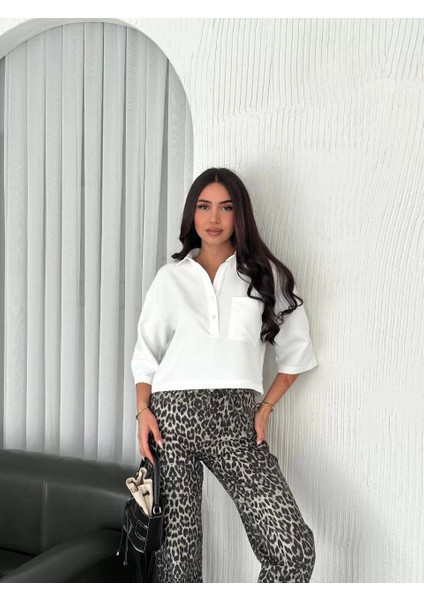 Z Krep Kadın Crop Yakalı Gömlek Ilik Düğmeli Üç Çeyrek Sleeve Kol - Beyaz