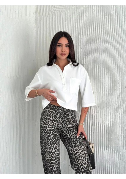 Z Krep Kadın Crop Yakalı Gömlek Ilik Düğmeli Üç Çeyrek Sleeve Kol - Beyaz