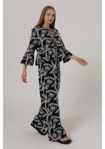 Işlemeli Oversize Pantolon - Siyah