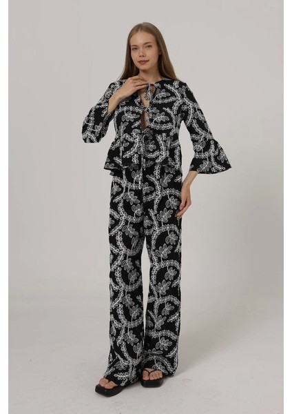 Işlemeli Oversize Pantolon - Siyah