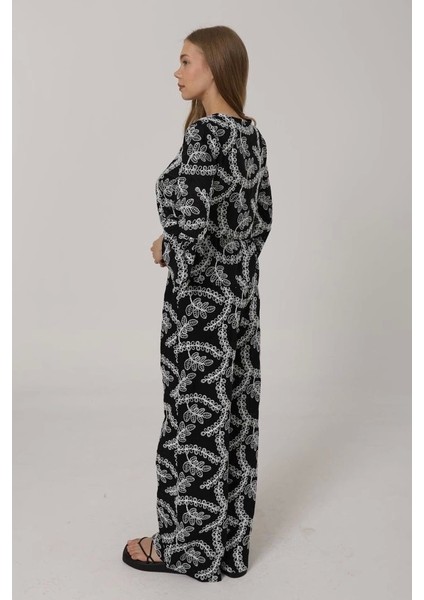Işlemeli Oversize Pantolon - Siyah