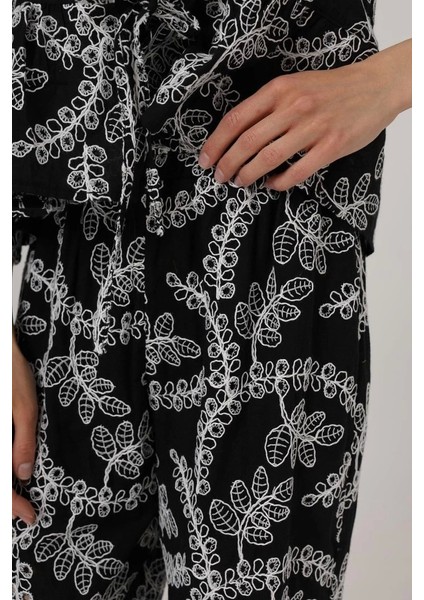 Işlemeli Oversize Pantolon - Siyah