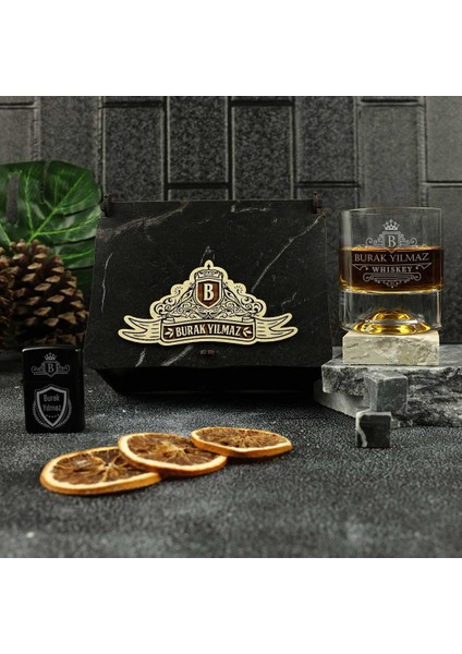 Retro Tasarımlı Isim & Mesaj Yazılı Çakmak ve Taşlı Viski Kadehi Seti