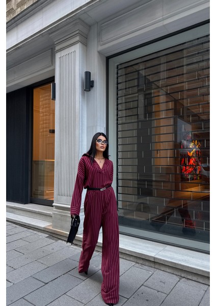 Çizgili Bluz - Pantolon Takım - Bordo
