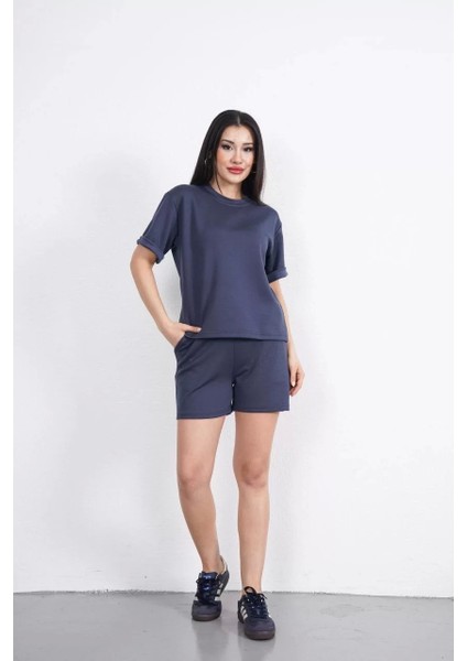 Osy Modal Yumuşak Dokulu Kumaş Kadın Bisiklet Yaka T-Shirt Kısa Şort Ikili Takım - Antrasit