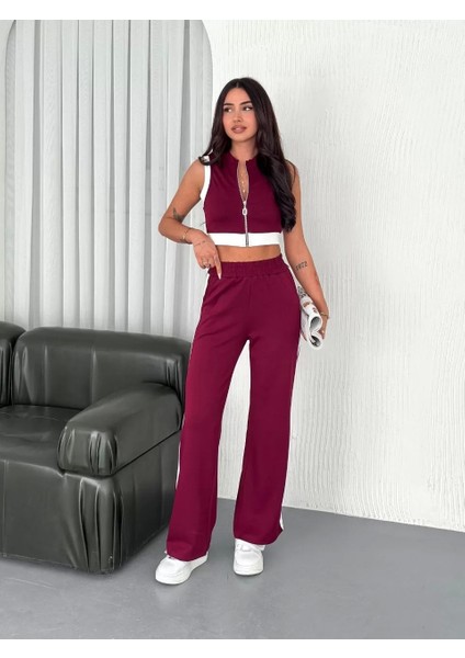 Osy Modal Yumuşak Dokulu Kumaş Tam Fermuarlı Crop Pantalon Ikili Takım - Bordo