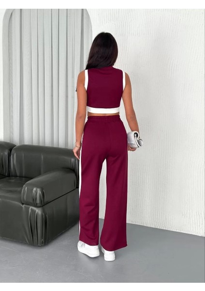 Osy Modal Yumuşak Dokulu Kumaş Tam Fermuarlı Crop Pantalon Ikili Takım - Bordo