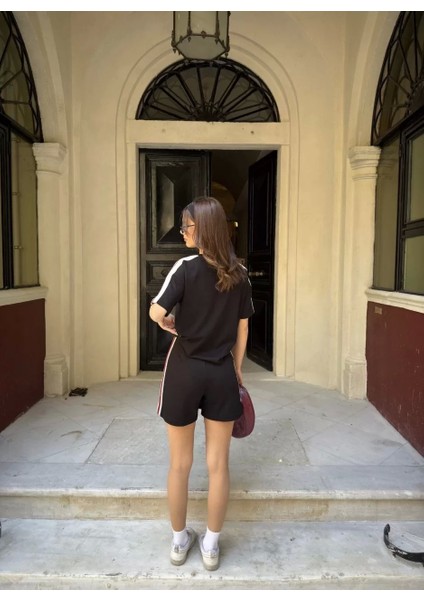 Osy Modal Yumuşak Dokulu Kumaş Kadın Parçalı Bisiklet Yaka T-Shirt Mini Şortlu Etek Ikili Takım - Siyah